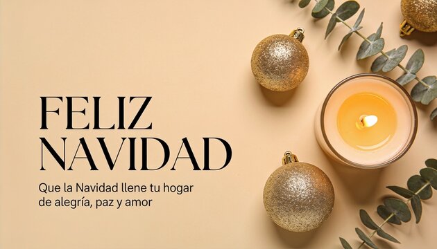Premium Spanish Christmas greeting card with warm beige background, golden ornaments, eucalyptus branches and candlelight arranged on the right. Refined &ldquo;FELIZ NAVIDAD&rdquo; typography and clean space