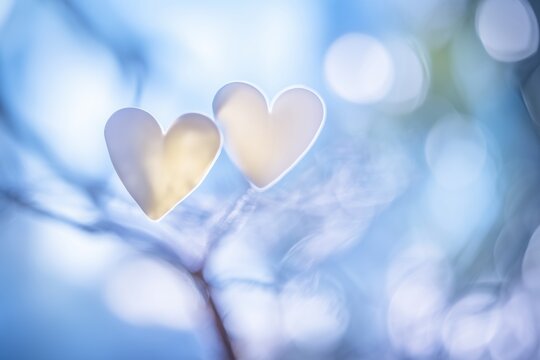 Two soft glowing heart shapes against dreamy blue bokeh background, representing love and connection