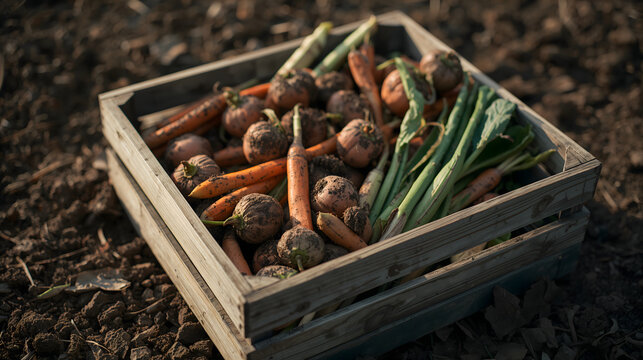 Weathered wooden crate of harvested vegetables evoking honest documentary mood and credible agricultural atmosphere generative AI
