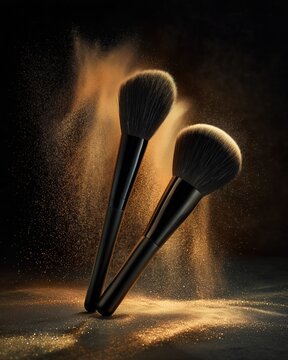 Two professional makeup brushes creating cloud of loose powder, cosmetic tools for beauty application