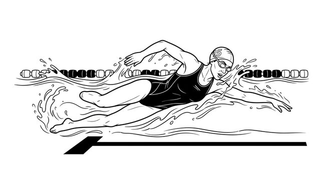 Minimalist swimmer line art, female athlete swimming freestyle in pool, black and white sports illustration