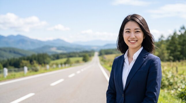 プロフィール写真をイメージした、広大な景色の中をはるか遠くまで続く道路を背にして立ち、穏やかな笑顔をカメラに向けている知的な印象の20代日本人女性社員のバストアップポートレート