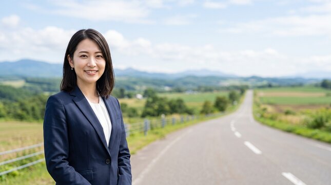 プロフィール写真をイメージした、広大な景色の中をはるか遠くまで続く道路を背にして立ち、穏やかな笑顔をカメラに向けている知的な印象の20代日本人女性社員のバストアップポートレート