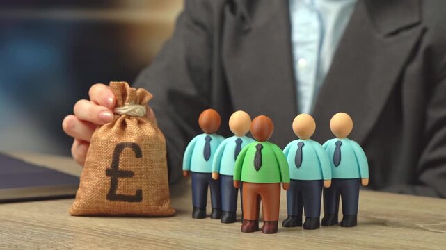 Office workers and the british pound money bag. Salaries and bonuses. Profit generated by subordinates. Cost of hiring new employees, training, and professional development.