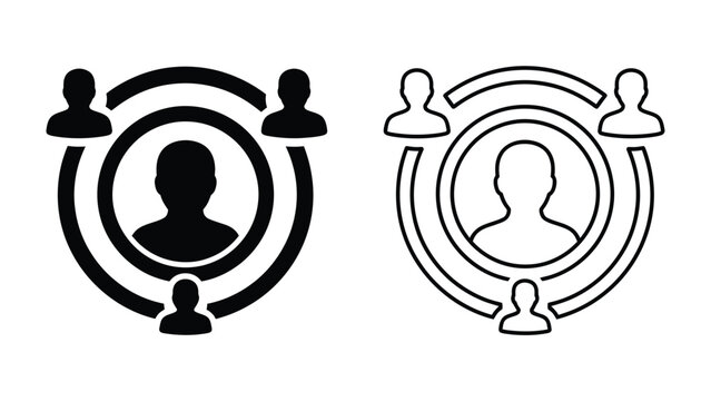 Network of People: Two stylized icons depicting a central person surrounded by a network of connections, illustrating concepts of community, collaboration, and social interaction.