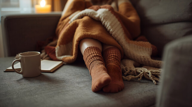 Person in warm socks curled up on sofa evoking intimate hygge mood generative AI
