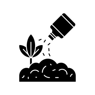 Pouring fertilizer on plant icon, agricultural soil nutrition and gardening vector