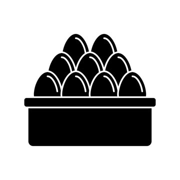 Basket of fresh eggs icon, poultry farm harvest and organic food vector silhouette