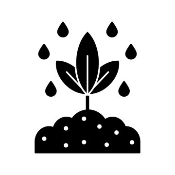 Watering plant icon, rain drops falling on sprout and agricultural care vector silhouette