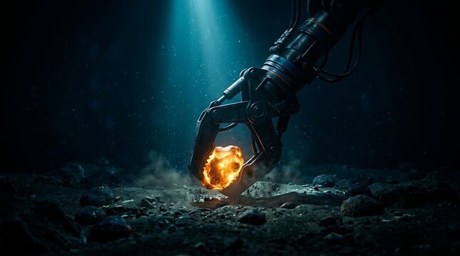 Industrial robotic claw holding glowing molten ore in dark underground cavern with dusty environment and cinematic spotlight for advanced mining technology concept 3D render