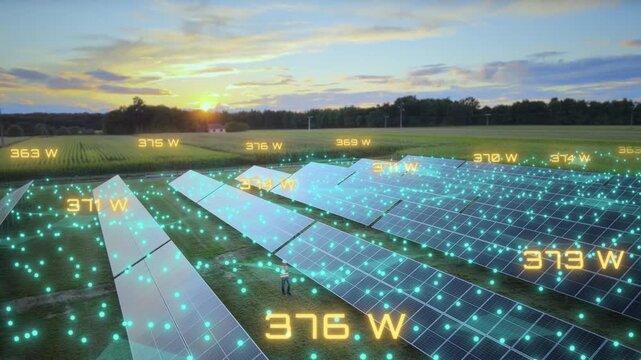 Aerial animation of solar farm using digital twin technology to monitor the real-time power output of individual photovoltaic panels combining renewable energy infrastructure with smart data analysis