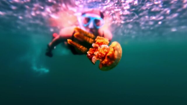 Underwater videography showing golden jellyfish swimming in the depths of water with diving girls in the background at Sohoton Sanctuary Caves and Natural Bridge Park, Philippines