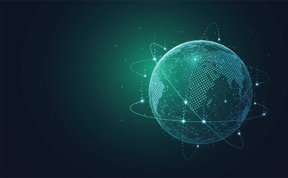 Abstract futuristic global network connection background. Digital cyan glowing earth globe with plexus lines and data dots vector illustration.