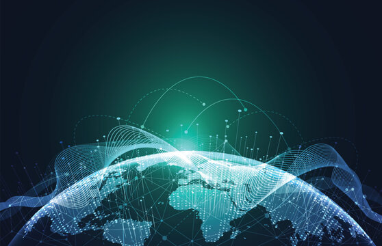 Futuristic digital earth globe with global network connection. Abstract big data visualization and glowing particle wave vector illustration.