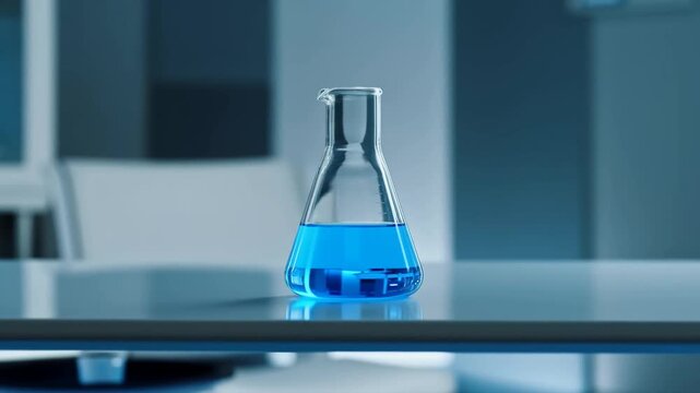 Glass Erlenmeyer flask filled with blue chemical liquid standing on a laboratory table.