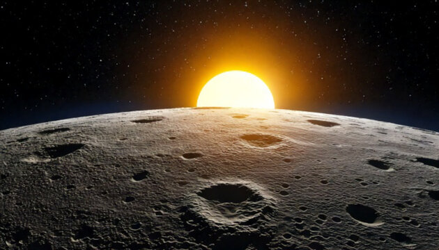 Golden Sun Rising Over The Detailed Cratered Surface Of Moon