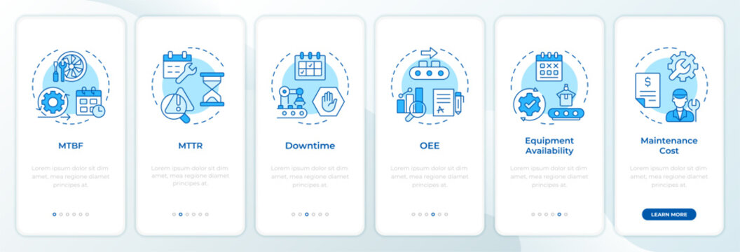 Maintenance benchmark metrics onboarding mobile app screen. Heavy machinery reliability. Manufacturing performance data. UI UX walkthrough 6 steps editable graphic instructions with linear concepts