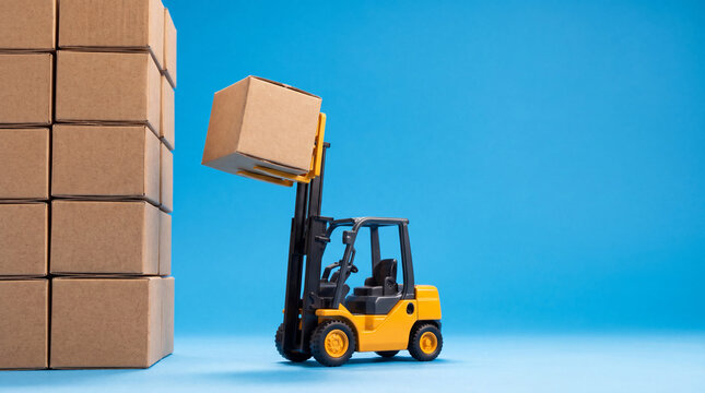 A yellow forklift lifts a cardboard box towards a stack of brown boxes against a blue background. The scene represents logistics and warehouse operations.