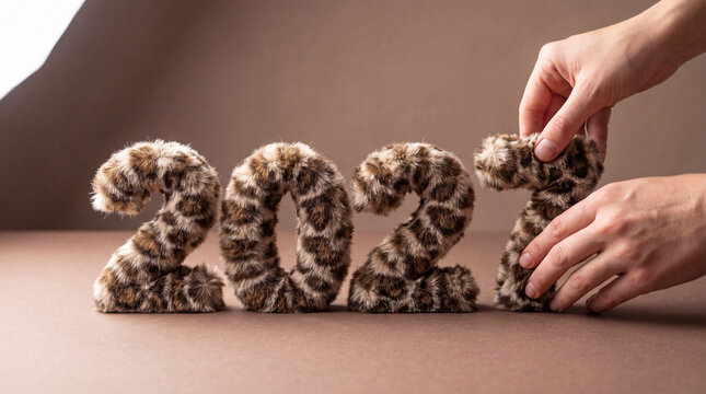 A person arranging plush numbers representing the year 2027 on a brown surface. The numbers have a leopard print design, adding a playful touch to the scene.