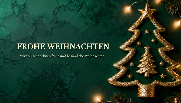 Sophisticated German Christmas greeting card with dark emerald green texture, golden tree decorations and warm lights arranged on the right. Refined &ldquo;FROHE WEIHNACHTEN&rdquo; typography and clean space.