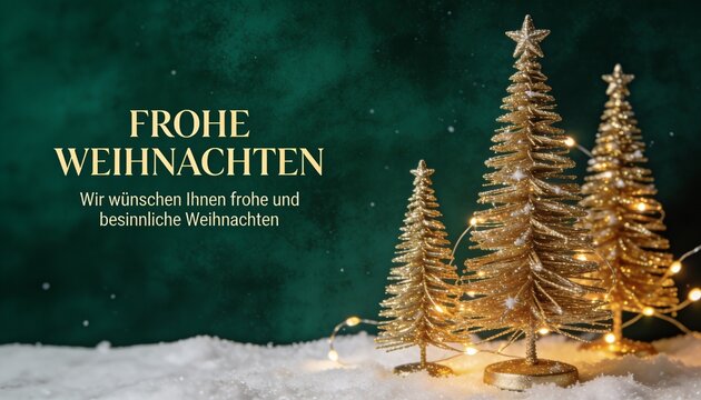Sophisticated German Christmas greeting card with dark emerald green texture, golden tree decorations and warm lights arranged on the right. Refined &ldquo;FROHE WEIHNACHTEN&rdquo; typography and clean space.