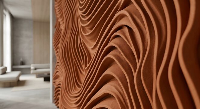 Minimalist parametric architectural wall with matte terracotta continuous waves