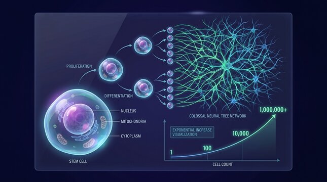 Stem cells differentiating into neural network and biological growth chart infographic