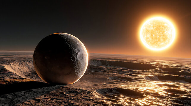 Mercury planet sphere resting on scorched basaltic surface under dark airless sky with blazing Sun. Astronomy and planetology concept. 3D landscape illustration for wallpaper, background 