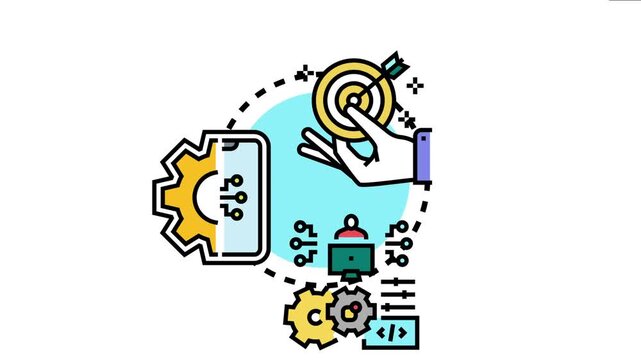 Brand integration concept a hand reaching a target, symbolizing strategic goal achievement, with gears and digital elements representing development and execution in marketing