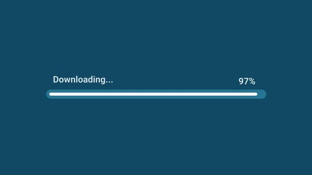 Animated motion graphics showing a thin white progress bar labeled "Downloading..." reaching 97% over a dark blue background. Represents a nearly completed file download, web media fetch,