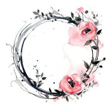 Stroke outline roses frame circle flower plant.
