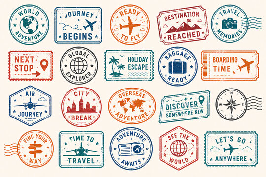 Vintage Travel Passport Stamp Collection with Adventure Journey and Destination Icons