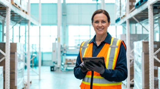 Self assured warehouse employee utilizing a tablet for efficient inventory tracking in a contemporary storage space