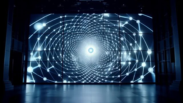 Abstract digital display featuring a swirling pattern of interconnected nodes and lines, illuminated by a bright center, creating a mesmerizing visual effect in a modern indoor setting