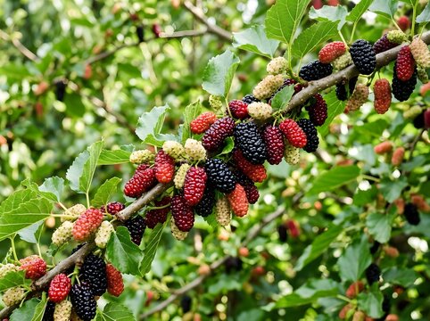 Vibrant mulberry branch with ripe and unripe berries funny animal emoji