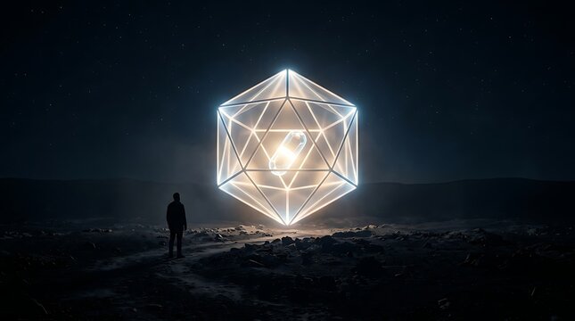 Lone man standing in desolate rocky landscape observing giant glowing geometric icosahedron structure with floating medical pill inside 3D render