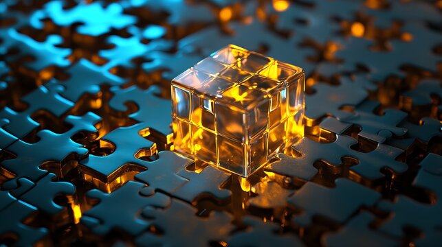 Glowing transparent glass cube resting atop interconnected puzzle pieces featuring vibrant neon orange and deep blue light reflections during rendering