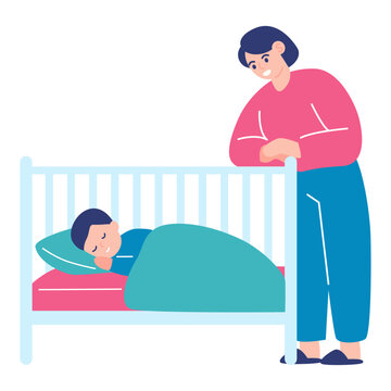 Mother watching baby sleeping peacefully in a crib, bedtime routine and nursery safety concept, minimal flat vector illustration