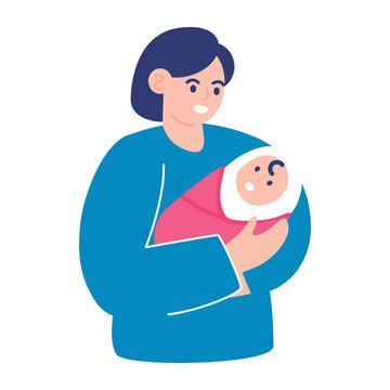 Loving mother holding swaddled newborn baby, motherly care and maternity concept, minimal flat vector illustration