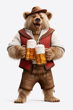 Bear dressed in traditional Bavarian lederhosen holding two beer mugs, Oktoberfest concept