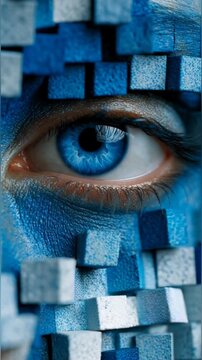 Digital Human Eye Composed of Blue Pixels and Voxels &ndash; AI Data & Cybernetics Concept