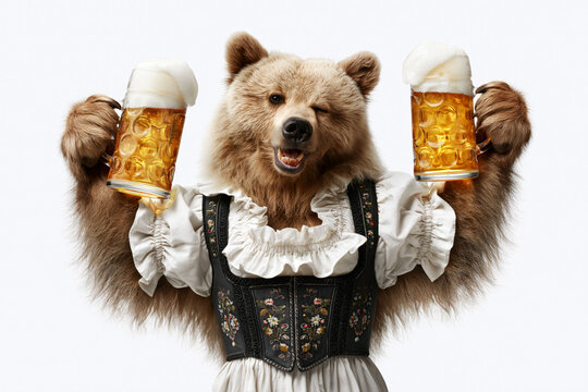 Bear dressed in embroidered dirndl vest winking while raising two beer mugs, Oktoberfest concept