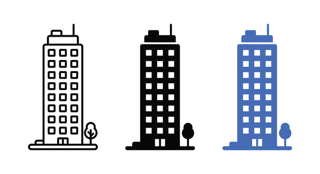 Three building silhouettes with varying color schemes and a small tree nearby silhouette