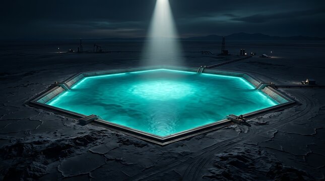 Hexagonal glowing turquoise water reservoir in middle of vast arid desert at night illuminated by beam of light from above industrial infrastructure 3D render