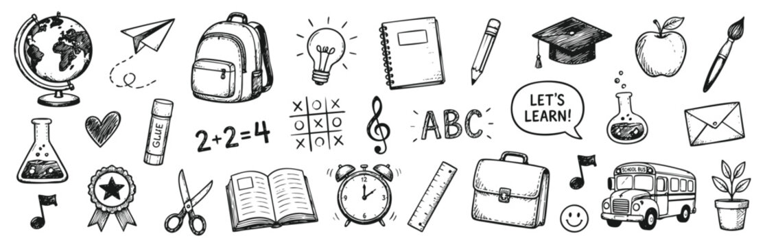 Set of hand drawn school supplies and education icons isolated on white background