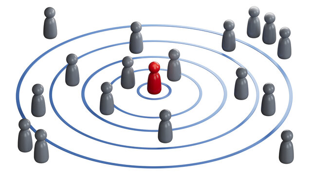 3D illustration of pawns and queen of a chess game, on a target.Marketing and communication concept.Supports PNG files with transparent backgrounds.