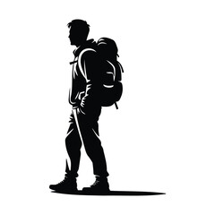 Fototapeta premium Black silhouette of a male traveler with backpack walking and exploring.