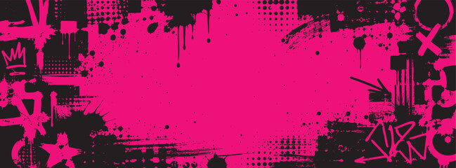 Pink and black graffiti background with grunge textures, paint splatters, halftone patterns, and urban street art elements © Zbrake Studio