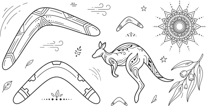 Australian Aboriginal Boomerang Kangaroo and Traditional Mandala Style Graphic Elements Vector Icon Set