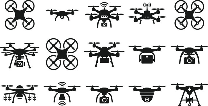 Set of black drone silhouettes showing various quadcopter models for aerial photography and delivery services